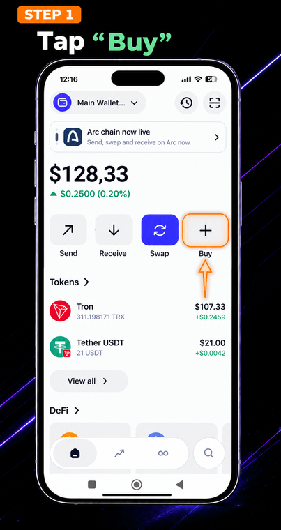 Tap "Buy". Open the Trust Wallet app and tap the "Buy" button (the icon with a plus sign) on the main screen. The built-in purchase function works with third-party payment providers.