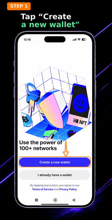 Tap "Create a new wallet". On the app's home screen, select the blue "Create a new wallet" button. This feature will launch the registration process for a new standard crypto wallet on your device.