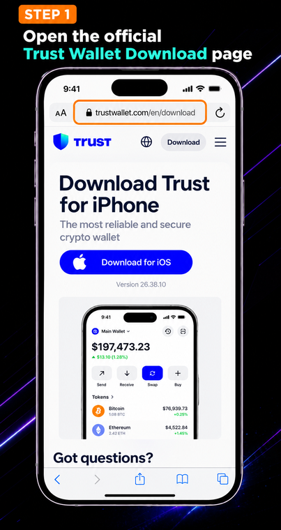 Open the official Trust Wallet Download page. To install the crypto wallet on your iPhone, open a mobile browser and go to the official download page (trustwallet.com/download). Using the official link will protect you from downloading fake apps.