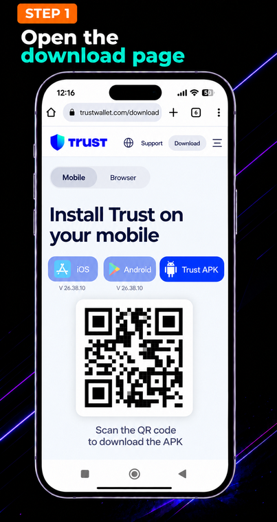 Open the download page. If the Google Play store is not available on your device, you can install the wallet manually. Open your browser and go to the official download page at trustwallet.com/download.