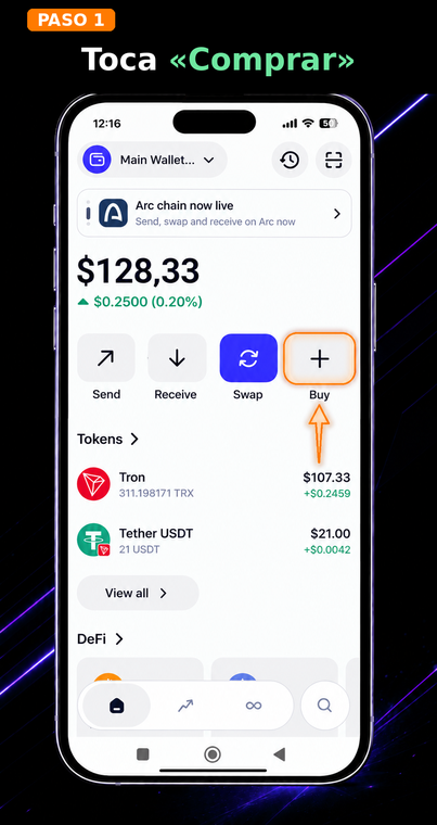 Toca "Comprar". Abre la aplicación Trust Wallet y toca el botón "Comprar" (el icono con el signo más) en la pantalla principal. La función de compra integrada funciona a través de proveedores de pago externos.