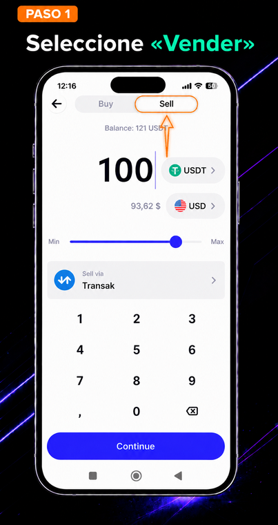 Selecciona "Vender". En el menú de gestión de activos, cambia de la pantalla de compra a la pestaña "Vender". Esta función integrada permite iniciar el intercambio de criptomonedas por dinero normal a través de proveedores asociados externos.