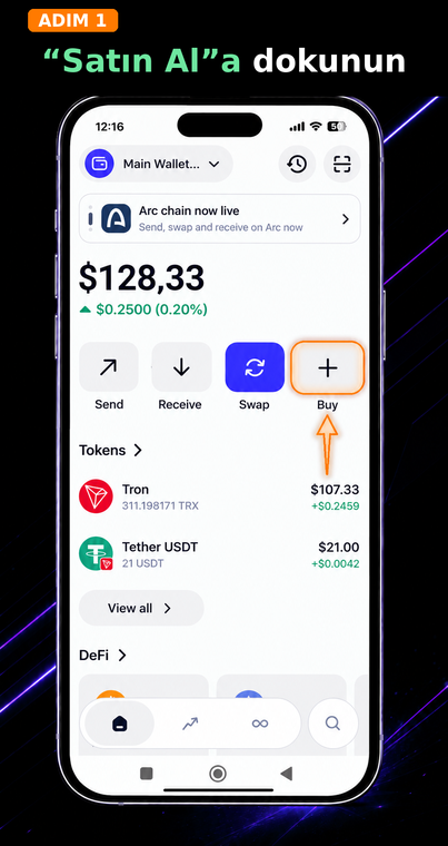"Satın al"a dokunun. Trust Wallet uygulamasını açın ve ana ekranda "Satın al" (Buy) düğmesine (artı işaretli simge) dokunun. Yerleşik satın alma işlevi, üçüncü taraf ödeme sağlayıcılarıyla çalışır.