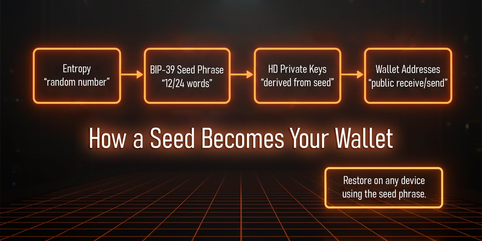 Entropy — “random number”  BIP-39 Seed Phrase — “12/24 words”  HD Private Keys — “derived from seed”  Wallet Addresses — “public receive/send”