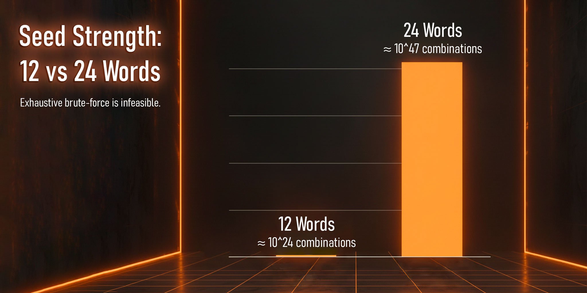 12 Words ≈ 10^24 combinations  24 Words ≈ 10^47 combinations