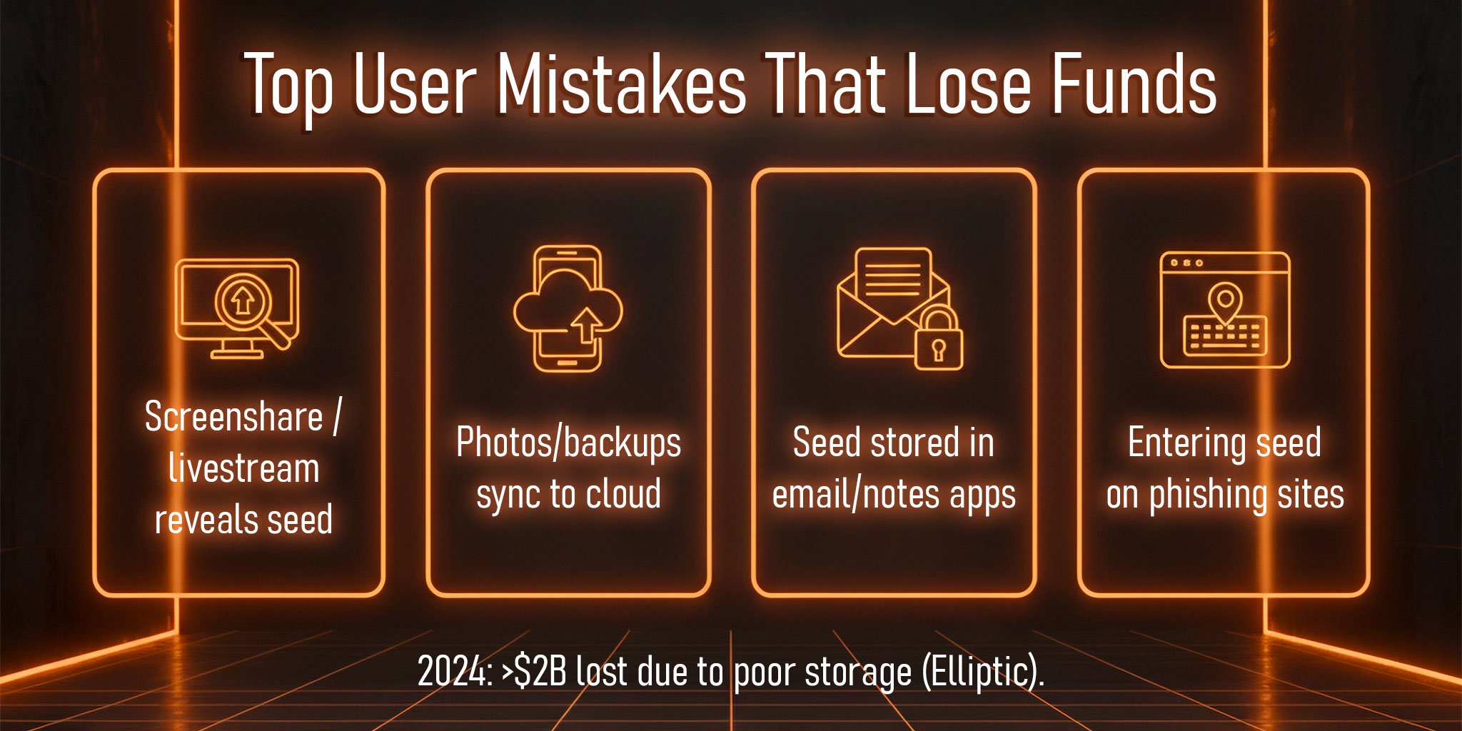 “Screenshare / livestream reveals seed”  “Photos/backups sync to cloud”  “Seed stored in email/notes apps”  “Entering seed on phishing sites”  “Only one physical copy, one place”
