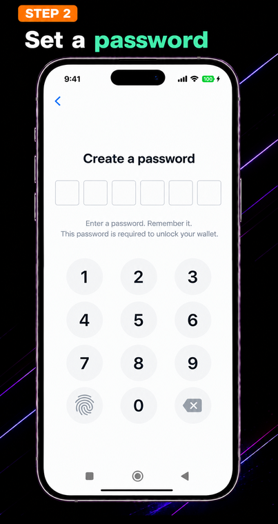 Set a passcode. The system will ask you to create a passcode (a digital code). Enter a secure 6-digit combination and remember it: this password is required to unlock the wallet and protect your assets from unauthorized access.