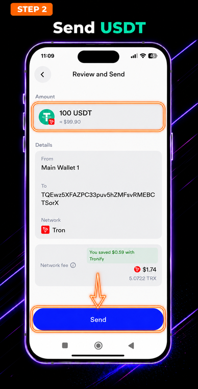 Send USDT. Return to Trust Wallet and initiate a stablecoin transfer by pasting the copied address into the recipient field. Enter the desired amount (for example, 100 USDT) and tap the blue "Send" button, making sure to verify that you are using the TRON network.
