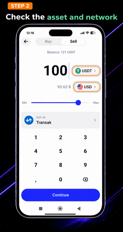 Check the asset and network. Enter the amount you want to withdraw (e.g., 100), and ensure that the cryptocurrency asset you are giving up (USDT) and the desired fiat currency to receive (e.g., USD) are correctly selected.