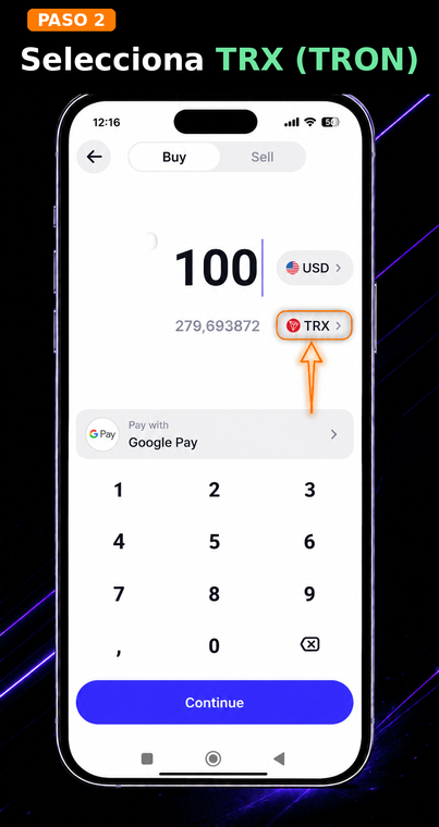 Selecciona TRX (TRON). Encuentra la moneda TRX en el menú de búsqueda y selecciónala. Asegúrate de verificar que el activo pertenezca a la red principal TRON.