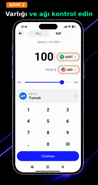 Varlığı ve ağı kontrol edin. Çekmek istediğiniz tutarı girin (örneğin 100) ve verilecek kripto varlığın (USDT) ve alınmak istenen itibari para biriminin (örneğin USD) doğru seçildiğinden emin olun.