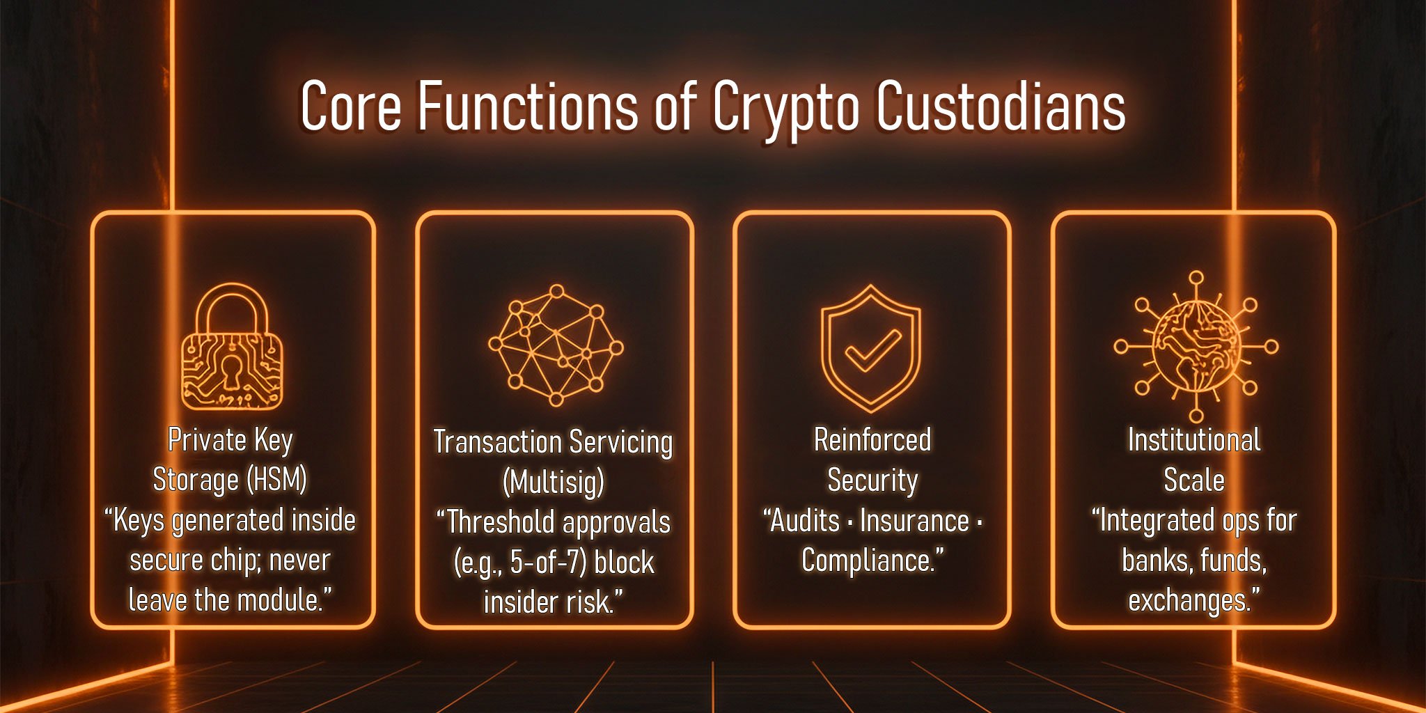 Private Key Storage (HSM)/Transaction Servicing (Multisig)/Reinforced Security/Scale for Institutions