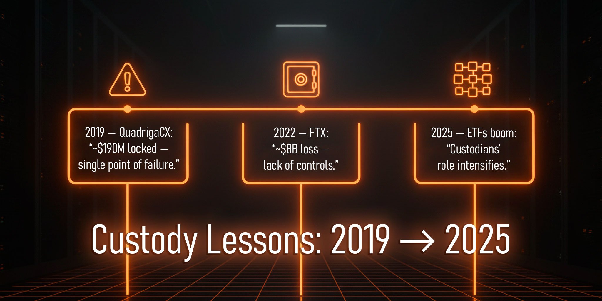 2019 — QuadrigaCX: owner’s death → ~$190M locked; single point of failure.  2022 — FTX: lack of controls → ~$8B loss.  2025 — ETFs growth: role of custodians intensifies.