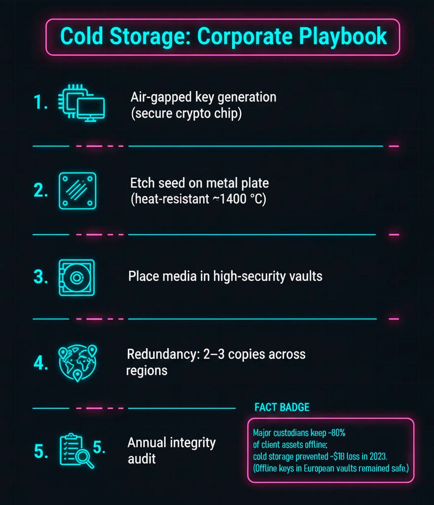 Air-gapped key generation (secure crypto chip)  Etch seed on metal plate (heat-resistant ~1400 °C)  Place media in high-security vaults  Redundancy: 2–3 copies across regions  Annual integrity audit