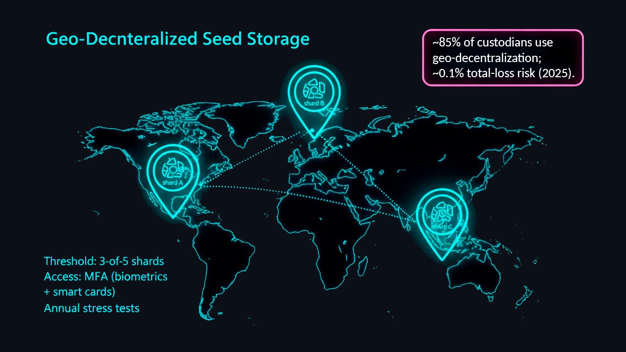 ~85% of custodians use geo-decentralization; ~0.1% total-loss risk (2025).