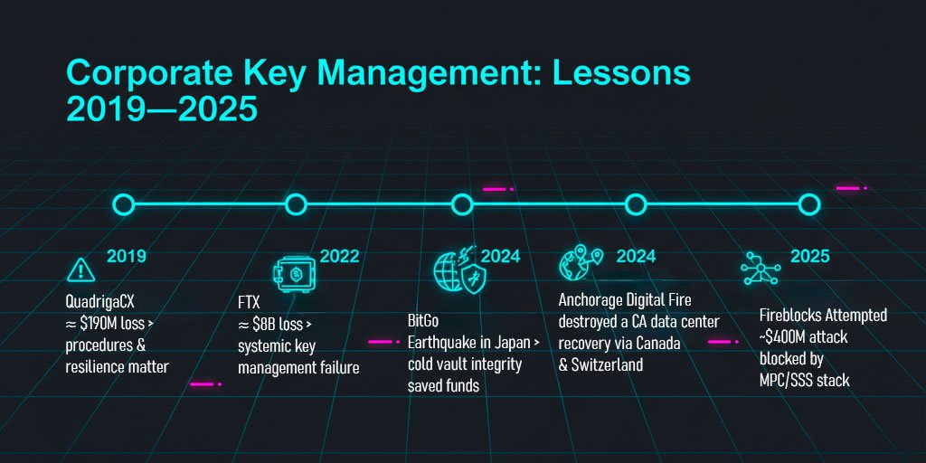 2019 QuadrigaCX ≈ $190M loss. 2022 FTX ≈ $8B loss. 2024 BitGo Earthquake in Japan. 2024 Anchorage Digital Fire destroyed a CA data center. 2025 Fireblocks Attempted ~$400M attack blocked by MPC/SSS stack.