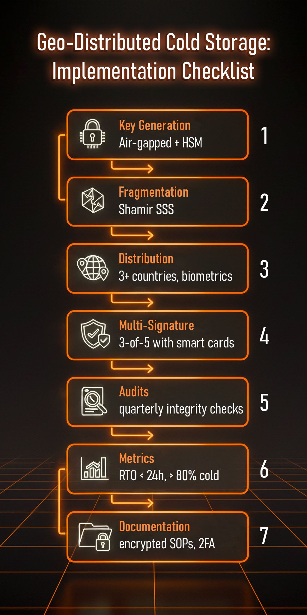 Key Generation, Fragmentation, Distribution, Multi-Signature, Audits, Metrics, Documentation