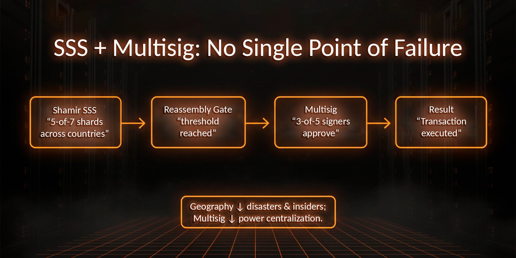 Shamir SSS — “5-of-7 shards across countries”  Reassembly Gate — “threshold reached”  Multisig — “3-of-5 signers approve”  Result — “Transaction executed”