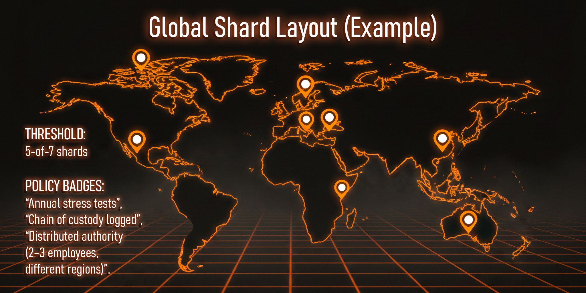 THRESHOLD: 5-of-7 shards POLICY BADGES: “Distributed authority (2–3 employees, different regions)”, “Annual stress tests”, “Chain of custody logged”.