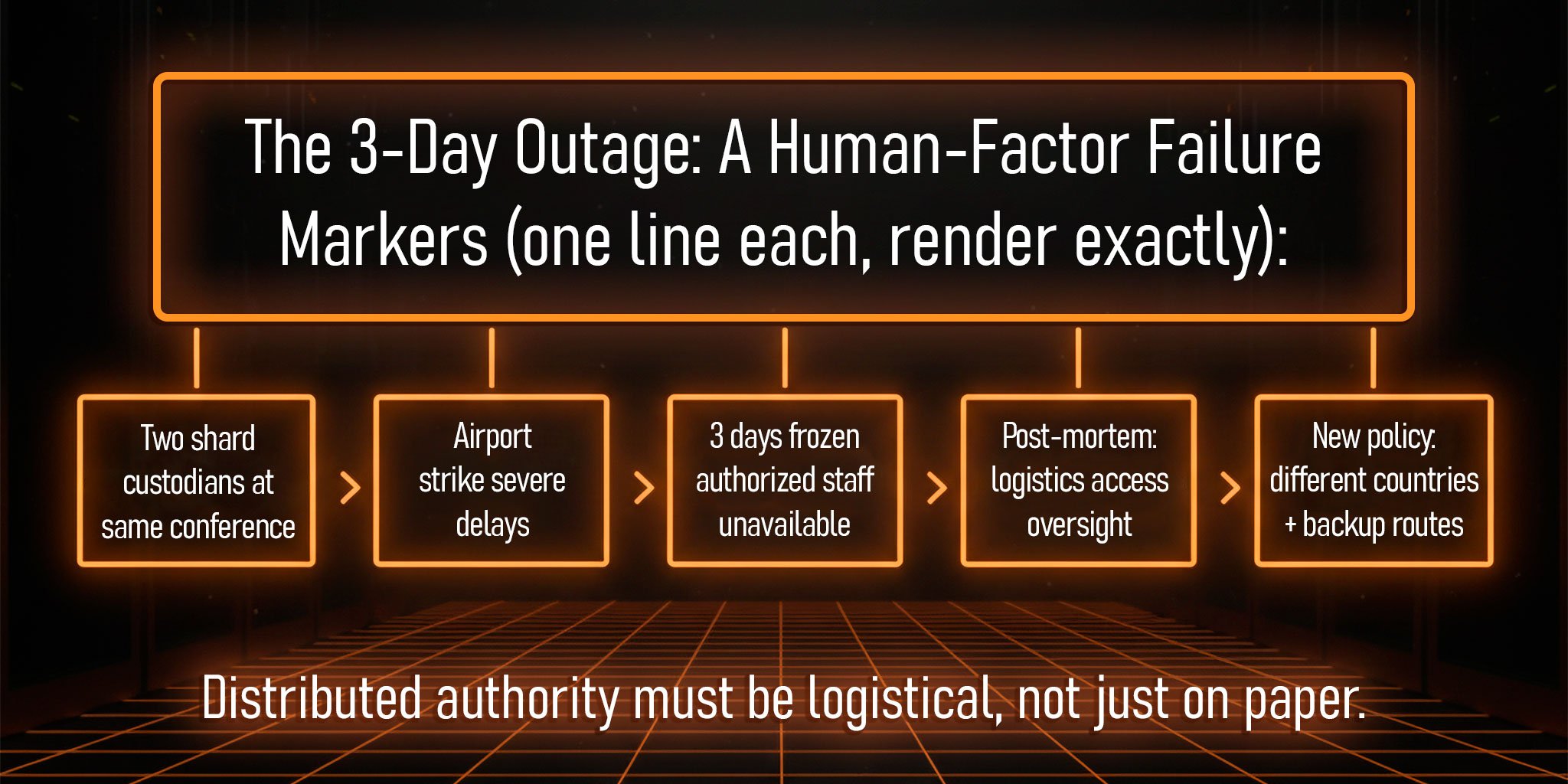 Two shard custodians at same conference  Airport strike → severe delays  3 days frozen — authorized staff unavailable  Post-mortem: logistics & access oversight  New policy: different countries + backup routes