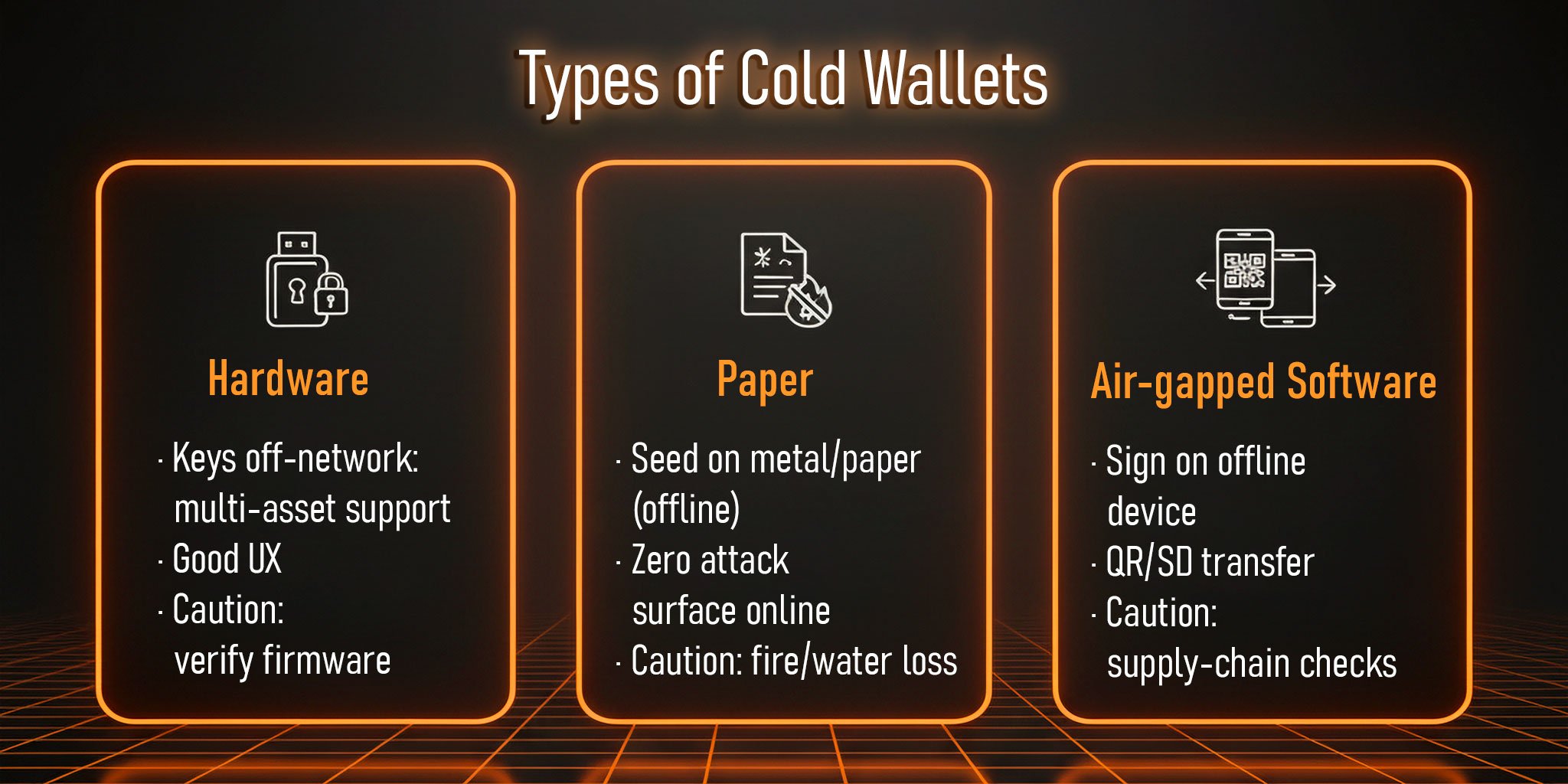 Black-orange neon 3D icon list of cold wallet types: hardware, paper, and air-gapped devices, each with two short pros and one caution. Horizontal three-tile layout.