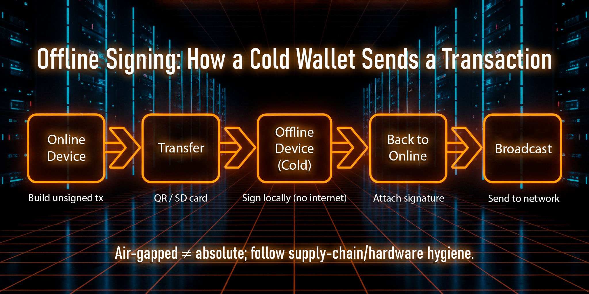 Black-orange neon flowchart of offline signing: build transaction online, move via QR/SD, sign on air-gapped device, return signature, broadcast. Note: air-gapped isn’t absolute—follow supply-chain hygiene.