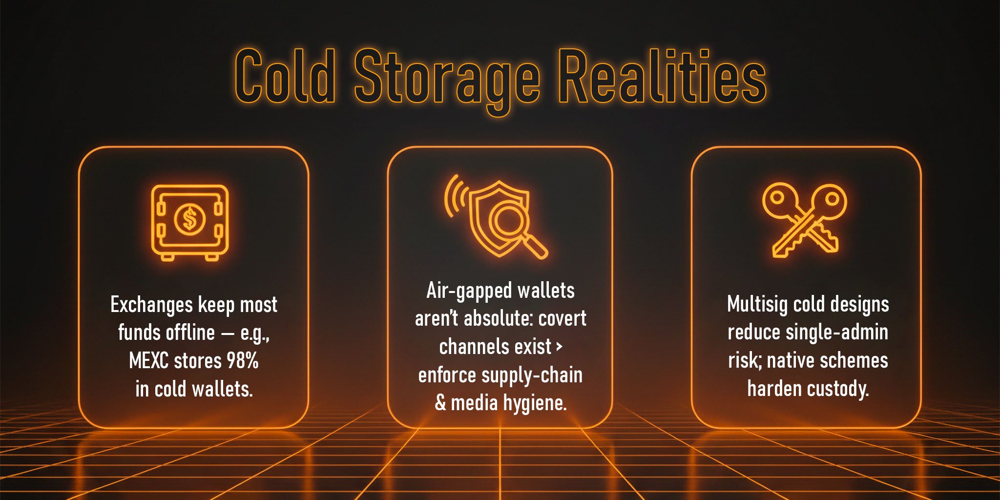 Black-orange neon 3D factcards about cold storage: exchanges keep most funds offline (e.g., 98% MEXC), air-gapped wallets still face covert-channel risks, and multisig cold designs reduce single-admin exposure.
