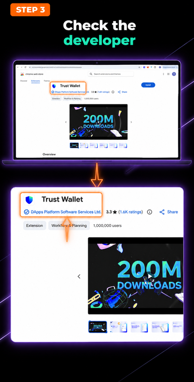 Check the developer. Before installing, make sure you are looking at the original extension. Carefully check the extension name and the developer's page (DApps Platform Software Services Ltd.) to protect yourself from fake clone extensions.