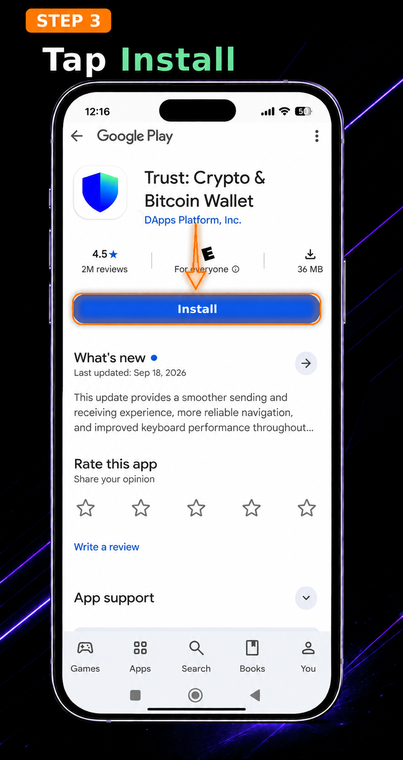 Tap Install. Once you are redirected to the Google Play Store, verify the app details (developer: DApps Platform, Inc.) and tap the blue "Install" button to begin downloading the application to your Android device.