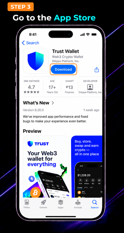 Go to the App Store. After being automatically redirected to the App Store, tap the "Get" (or Download) button. It is recommended to verify the developer (DApps Platform, Inc.), even if you found the app through a search.