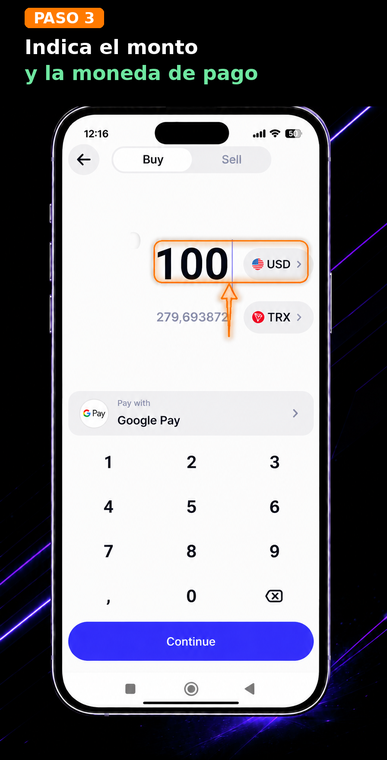 Indica el monto y la moneda de pago. Ingresa el monto por el cual deseas comprar la criptomoneda (por ejemplo, 100) y selecciona una moneda fiduciaria conveniente para el pago (por ejemplo, USD).