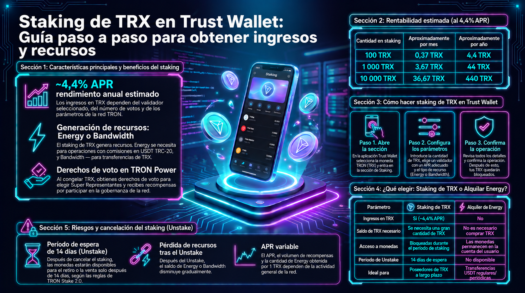Staking de TRX en Trust Wallet: guía para obtener ingresos y recursos de la red. Esta infografía detallada explica cómo hacer staking de TRX para obtener ingresos pasivos (aproximadamente un 4,4% APR) y recursos de la red TRON (Energy o Bandwidth). Incluy