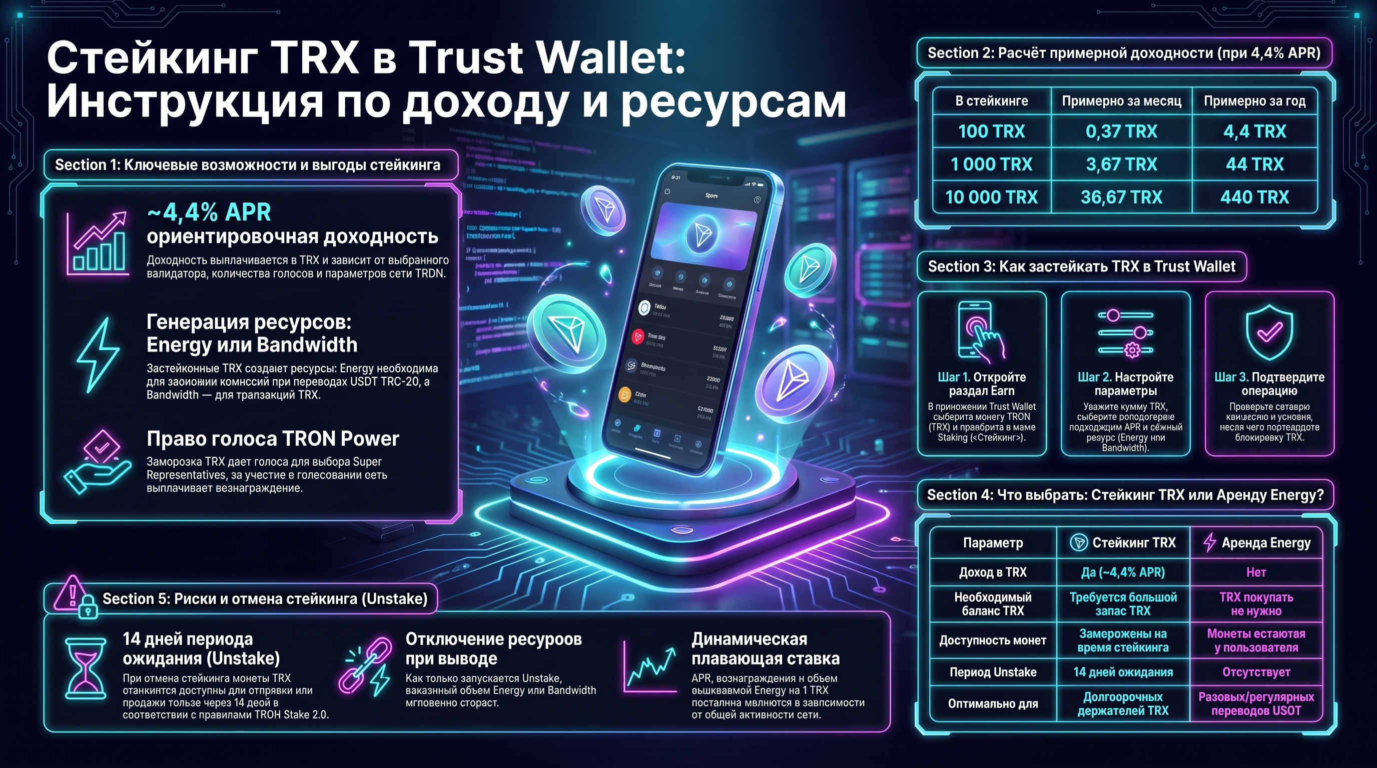 Стейкинг TRX в Trust Wallet: Инструкция по доходу и ресурсам. Наглядная инфографика детально разбирает процесс заморозки монет TRX для получения пассивного дохода (~4,4% APR) и ресурсов сети TRON (Energy или Bandwidth). Материал содержит таблицы примерной