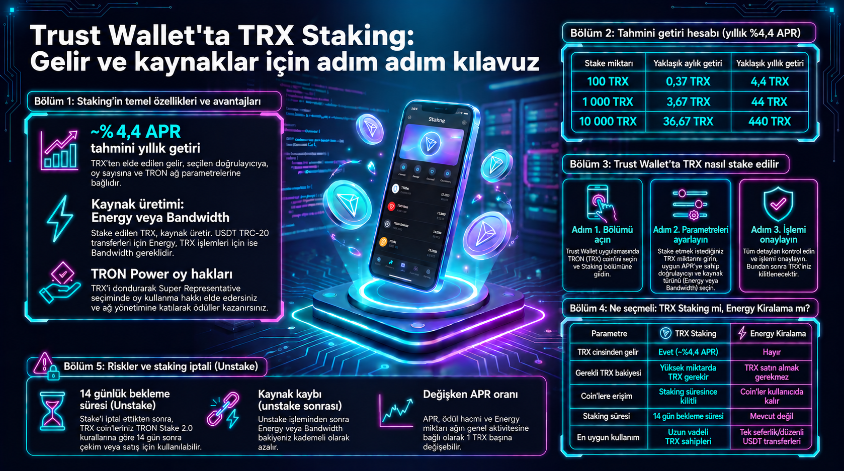 Trust Wallet'ta TRX Staking: Kazanç ve Ağ Kaynakları Rehberi. Bu bilgilendirici infografik, pasif gelir (yaklaşık %4,4 APR) elde etmek ve TRON ağ kaynaklarını (Energy veya Bandwidth) kazanmak için TRX staking sürecini ayrıntılı olarak açıklar. İçerik; 100