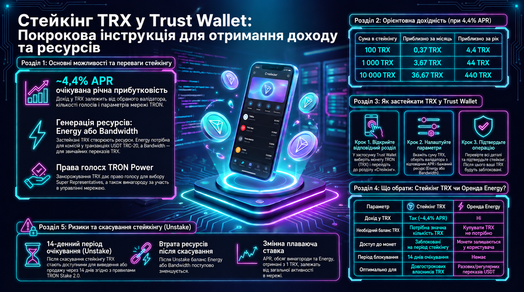 Стейкінг TRX у Trust Wallet: інструкція з отримання доходу та мережевих ресурсів. Ця наочна інфографіка детально пояснює процес стейкінгу TRX для отримання пасивного доходу (приблизно 4,4% APR) і ресурсів мережі TRON (Energy або Bandwidth). Матеріал місти
