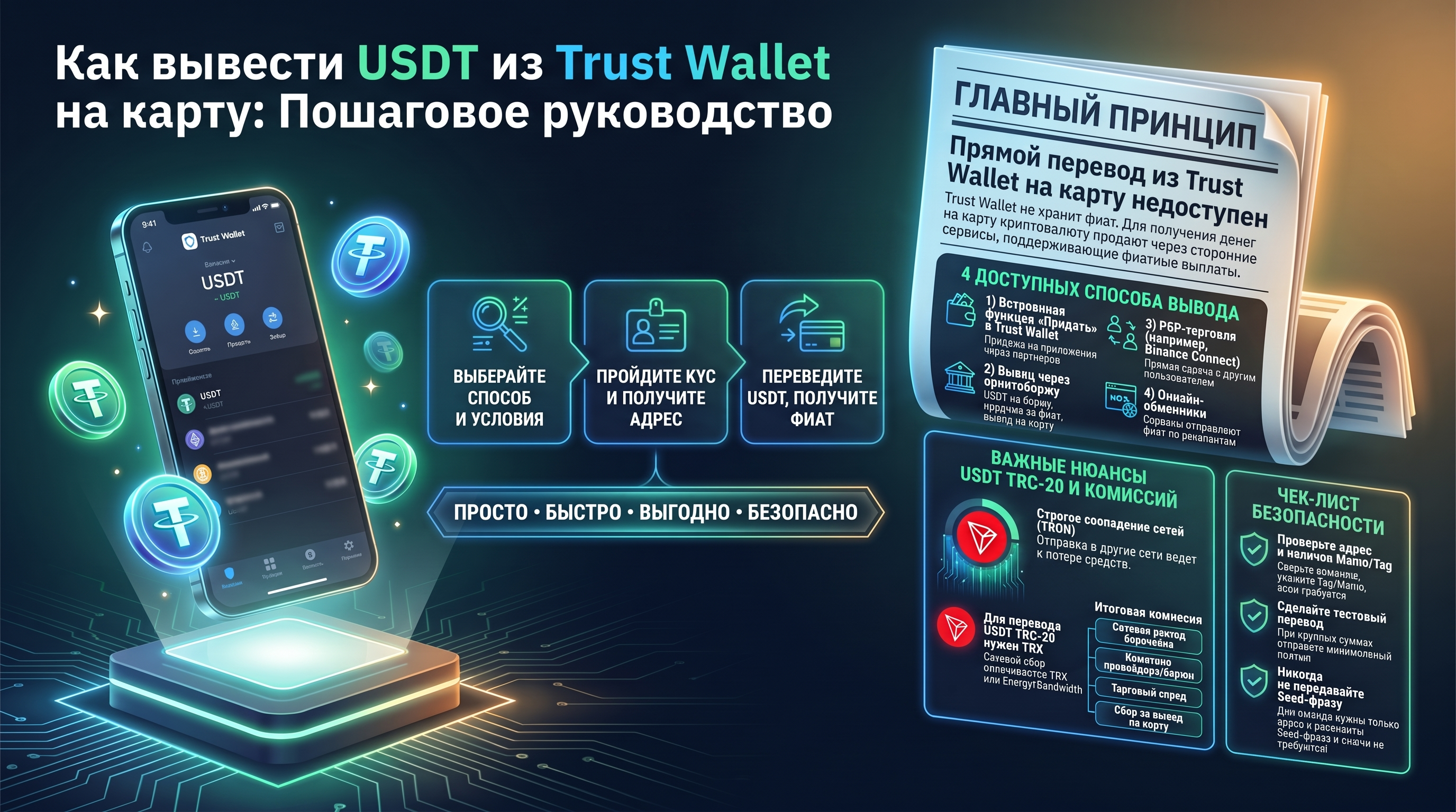 Как вывести USDT из Trust Wallet на карту: Пошаговое руководство. Наглядное визуальное пособие от Tron Pool Energy объясняет процесс обмена стейблкоинов USDT на фиатные деньги с зачислением на банковскую карту. Инфографика подчёркивает главный принцип (пр