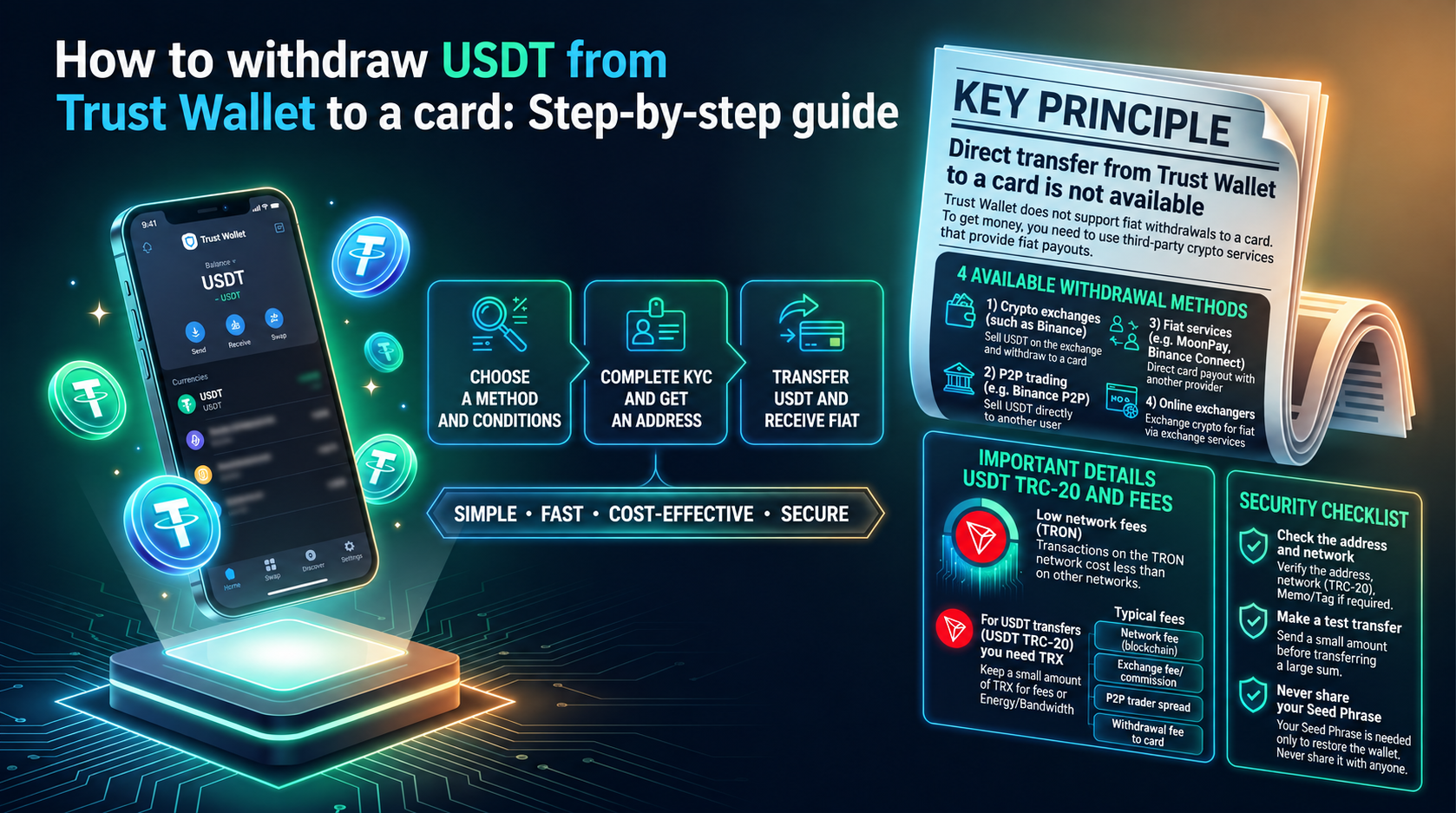 How to Withdraw USDT from Trust Wallet to a Bank Card: A Step-by-Step Guide. This visual guide by Tron Pool Energy explains how to convert USDT stablecoins into fiat currency and receive the funds on a bank card. The infographic highlights the key princip