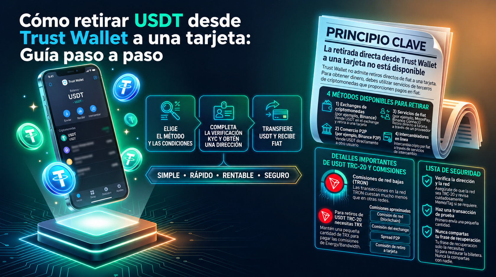 Cómo retirar USDT de Trust Wallet a una tarjeta bancaria: guía paso a paso. Esta guía visual de Tron Pool Energy explica cómo convertir stablecoins USDT en dinero fiat y recibir los fondos en una tarjeta bancaria. La infografía destaca el principio fundam