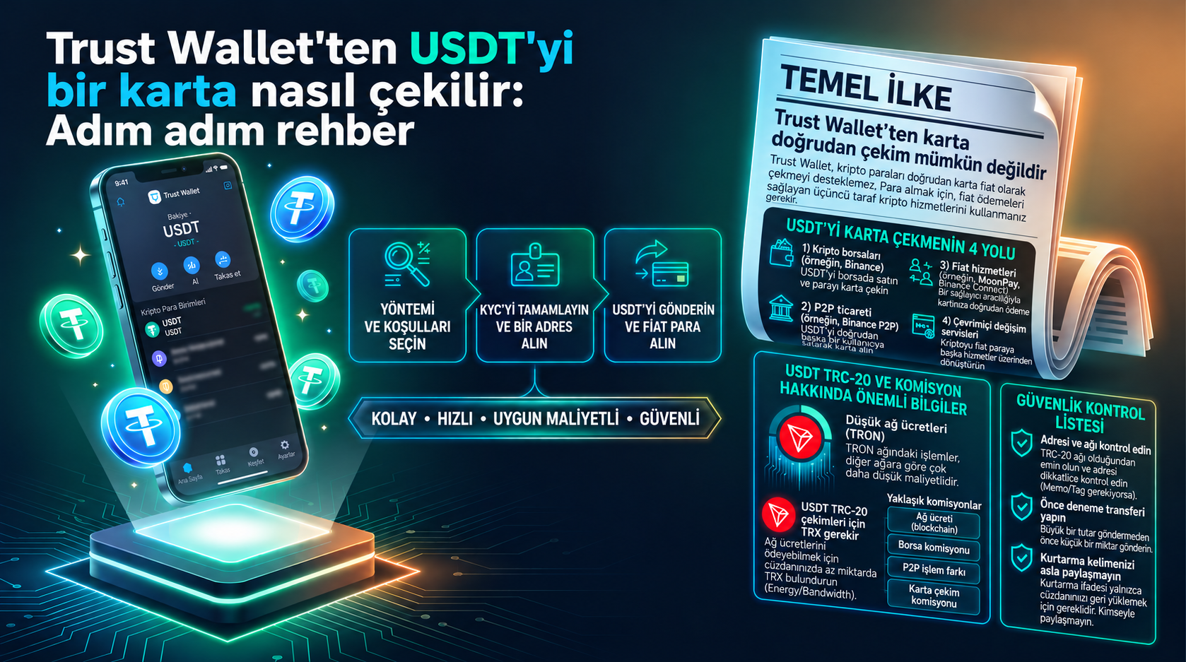 Trust Wallet'tan Banka Kartına USDT Nasıl Çekilir: Adım Adım Rehber. Tron Pool Energy tarafından hazırlanan bu görsel rehber, USDT stablecoin'lerinin nasıl itibari paraya dönüştürülerek banka kartına aktarılacağını açıklar. İnfografik, doğrudan para çekme