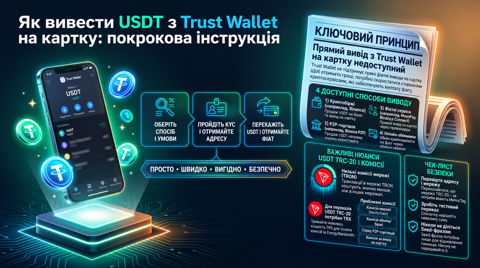 Як вивести USDT із Trust Wallet на банківську картку: покроковий посібник. Цей наочний посібник від Tron Pool Energy пояснює, як обміняти стейблкоїни USDT на фіатні гроші та отримати їх на банківську картку. Інфографіка підкреслює головний принцип: пряме