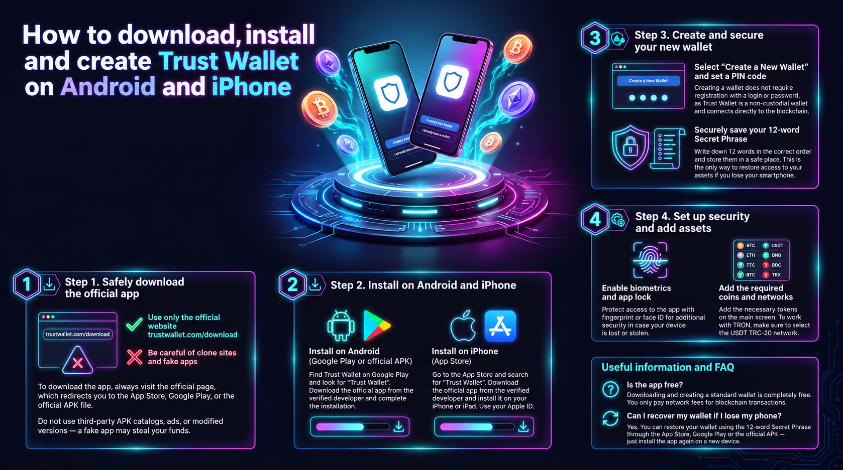 How to Download, Install, and Create a Trust Wallet on Android and iPhone. A visual guide to getting started safely with the Trust Wallet multi-chain wallet. The infographic contains four step-by-step sections: safely downloading the app exclusively from