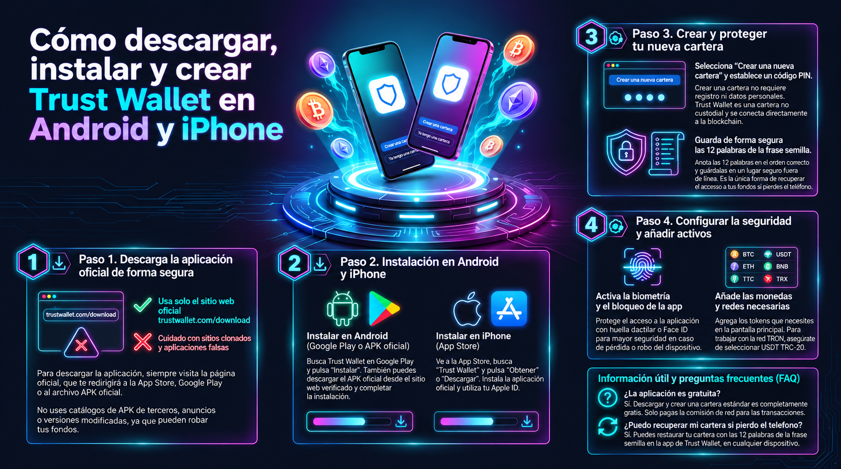 Як завантажити, встановити та створити Trust Wallet на Android та iPhone. Наочний посібник із безпечного початку роботи з мультичейн-гаманцем Trust Wallet. Інфографіка містить чотири покрокові блоки: безпечне завантаження виключно з офіційного сайту trust