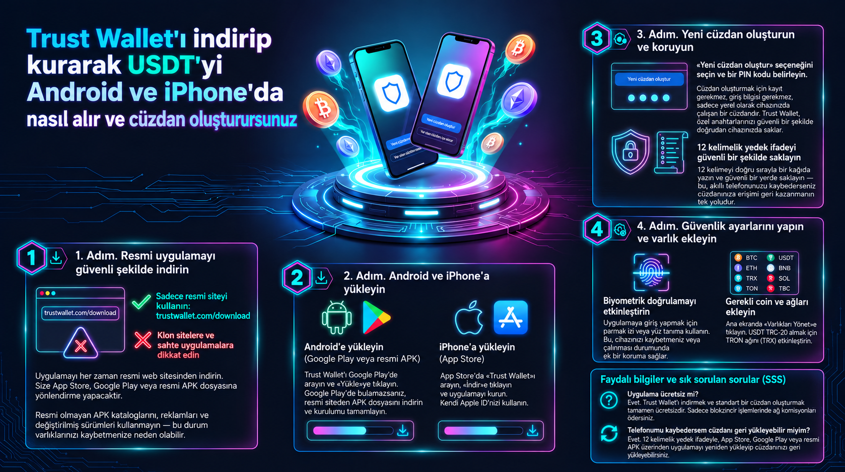 Android ve iPhone'da Trust Wallet Nasıl İndirilir, Kurulur ve Oluşturulur? Çok zincirli Trust Wallet cüzdanını güvenli bir şekilde kullanmaya başlamak için hazırlanmış görsel bir rehber. İnfografik dört adım adım bölümden oluşur: kimlik avı saldırılarında