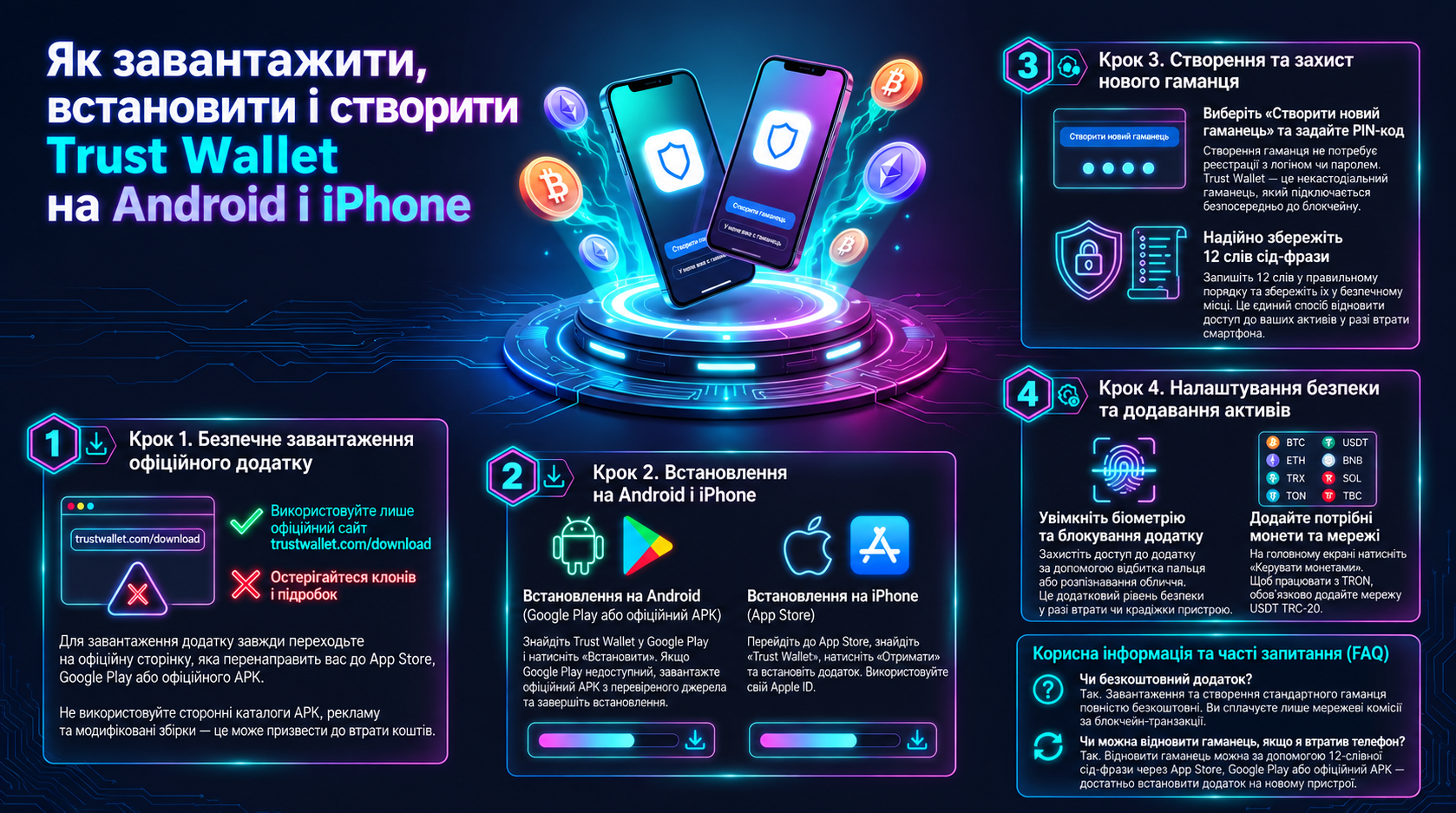 Як завантажити, встановити та створити Trust Wallet на Android та iPhone. Наочний посібник із безпечного початку роботи з мультичейн-гаманцем Trust Wallet. Інфографіка містить чотири покрокові блоки: безпечне завантаження виключно з офіційного сайту trust
