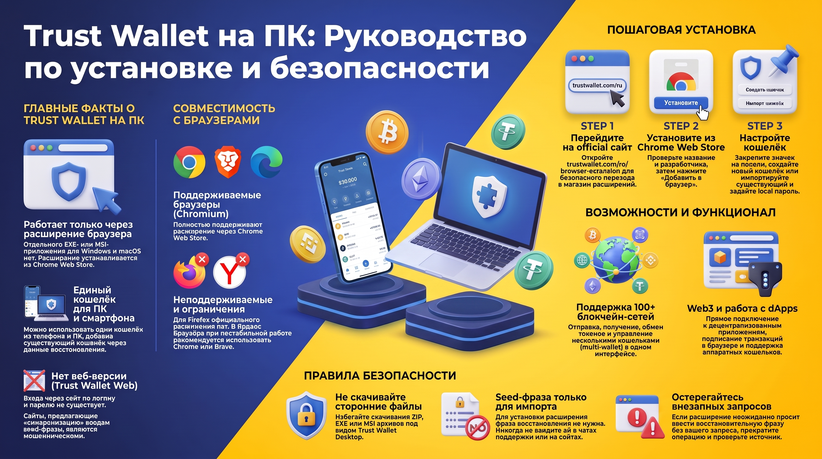 Руководство по установке и безопасности. Наглядная инфографика от Tron Pool Energy подробно разъясняет особенности использования браузерного расширения Trust Wallet для персональных компьютеров. Материал освещает ключевые факты (отсутствие отдельного EXE/