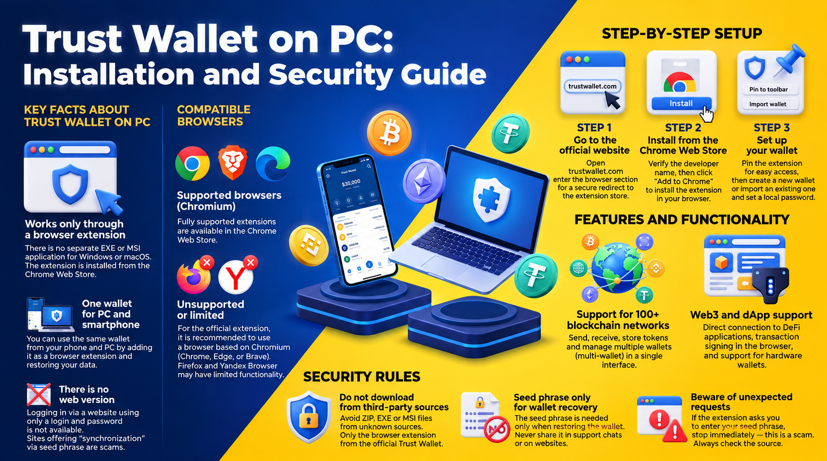 Installation and Security Guide. This informative infographic by Tron Pool Energy explains the key aspects of using the Trust Wallet browser extension on personal computers. It covers essential facts, including the absence of a standalone EXE/MSI client a