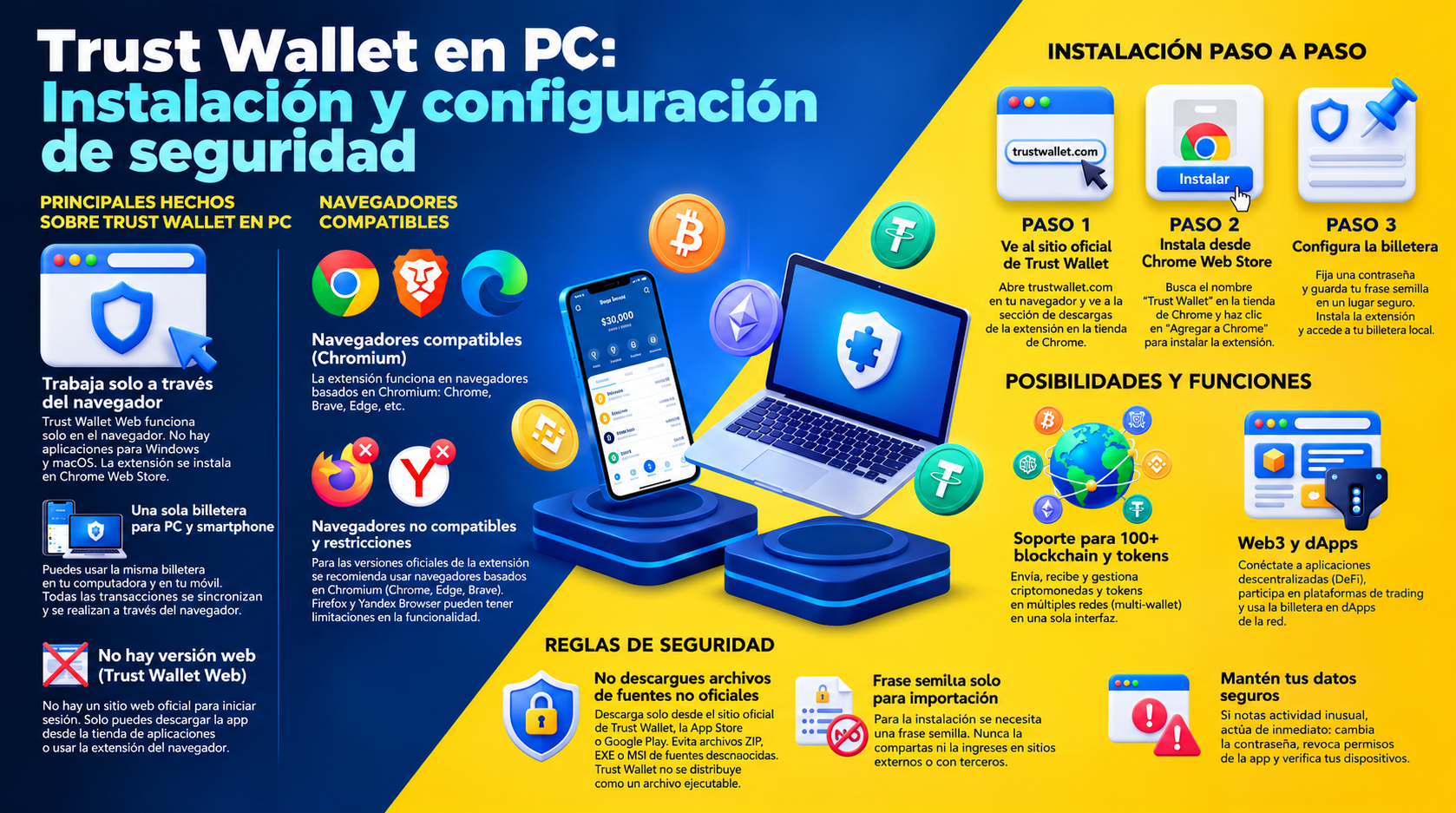 Guía de instalación y seguridad. Esta infografía de Tron Pool Energy explica detalladamente las características de la extensión de navegador Trust Wallet para ordenadores personales. Aborda aspectos clave, como la ausencia de un cliente independiente en f