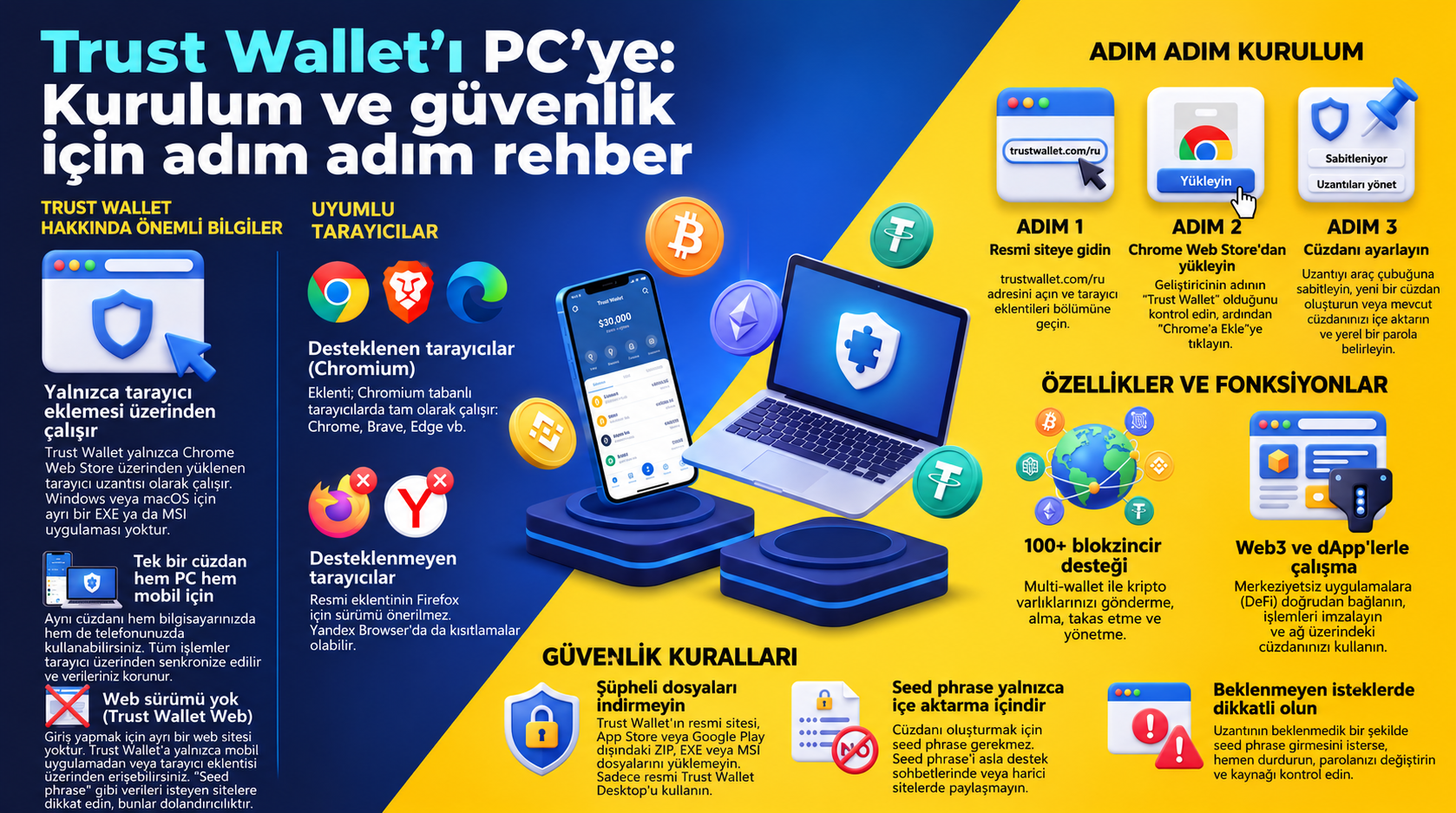 Kurulum ve Güvenlik Rehberi. Tron Pool Energy tarafından hazırlanan bu bilgilendirici infografik, Trust Wallet tarayıcı eklentisinin kişisel bilgisayarlarda kullanım özelliklerini ayrıntılı olarak açıklar. İçerik; bağımsız bir EXE/MSI istemcisinin ve web