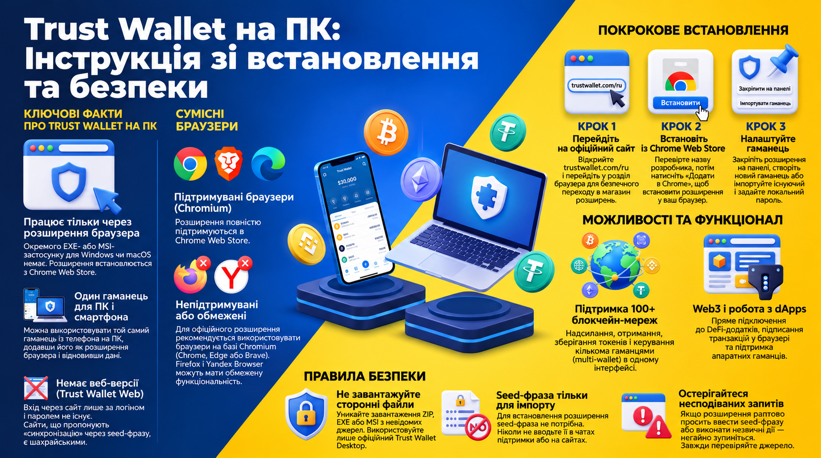Посібник зі встановлення та безпеки. Ця наочна інфографіка від Tron Pool Energy детально пояснює особливості використання браузерного розширення Trust Wallet на персональних комп’ютерах. Матеріал висвітлює ключові факти, зокрема відсутність окремого EXE/M