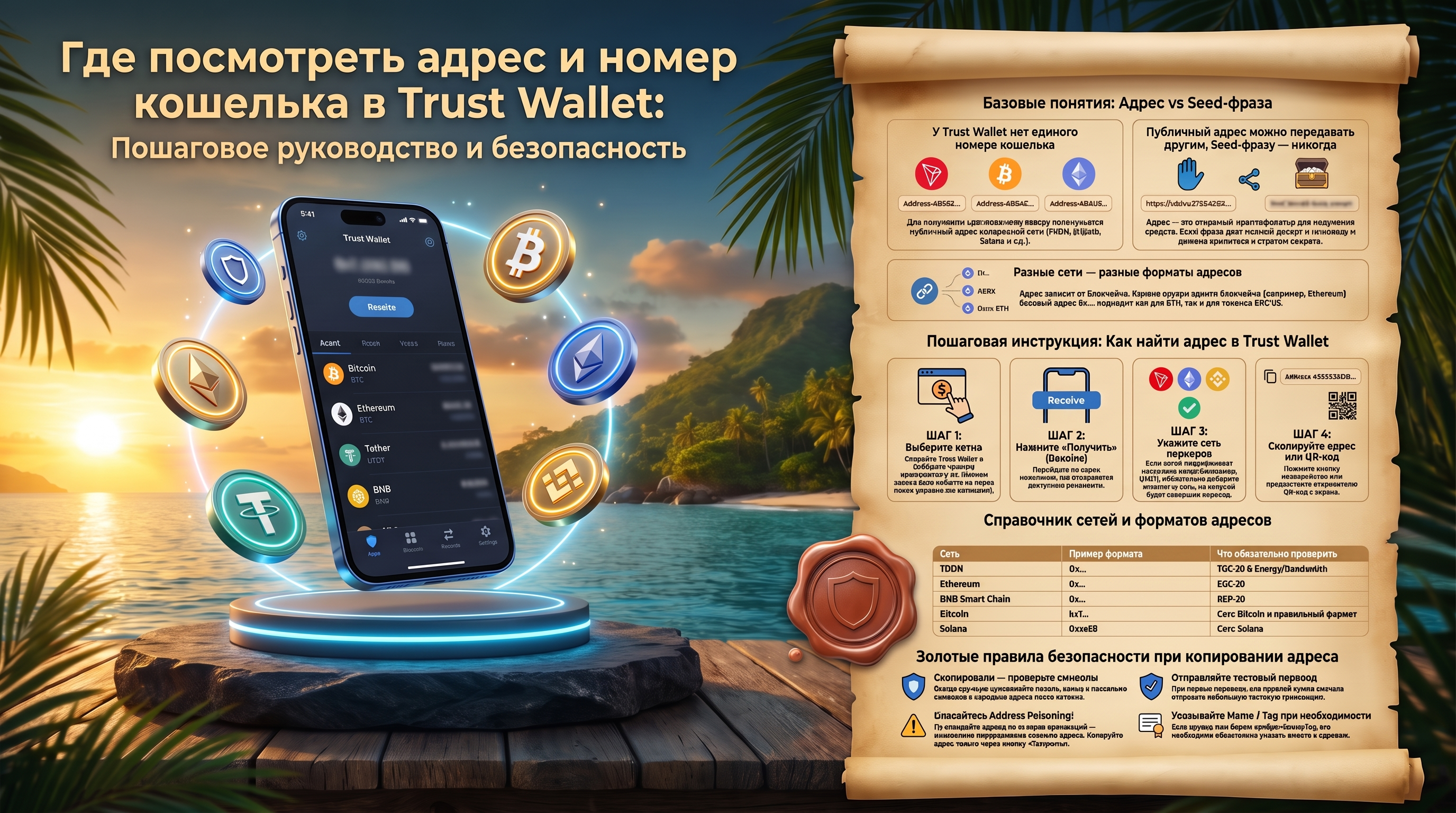 Где посмотреть адрес и номер кошелька в Trust Wallet: Пошаговое руководство и безопасность. Наглядная инфографика от Tron Pool Energy подробно разъясняет, как найти и скопировать публичный адрес для получения криптовалюты. Материал раскрывает ключевые баз